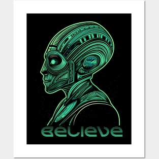 Believe Modern Sci-Fi Green Alien - Futuristic Extraterrestrial Art Posters and Art